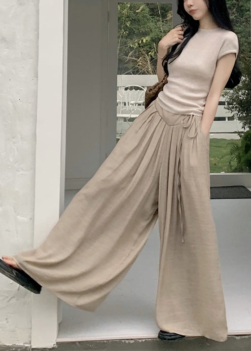 Khaki Silm Fit Tops and Wide Leg Pants Two Pieces Set Summer
