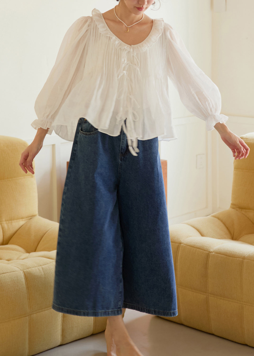 White Ruffled Patchwork Linen Shirts Lantern Sleeve