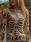 Ladies' V-neck Knitted Sweater With Halloween-themed Line Art And Botanical Floral Design. artswardrobe