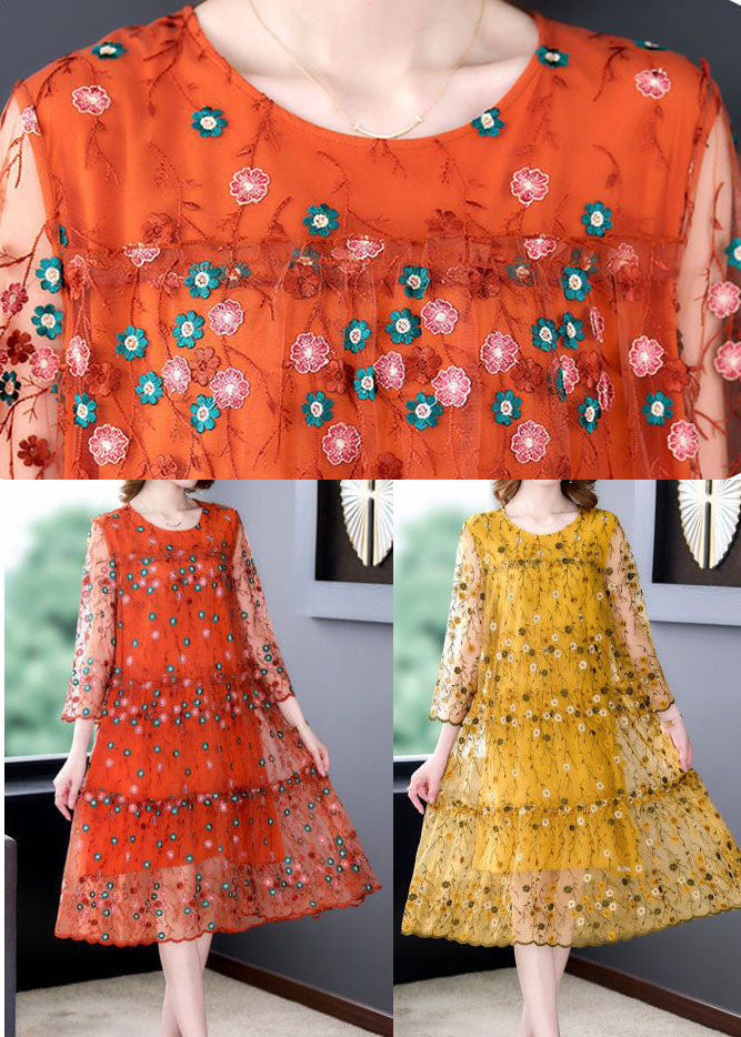 Yellow Tulle Party Dress Embroidered Hollow Out Bracelet Sleeve