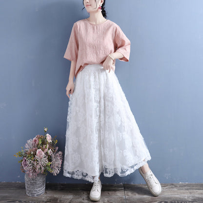 Double-layer Flower Lace Mesh Cotton Linen Autumn Skirt