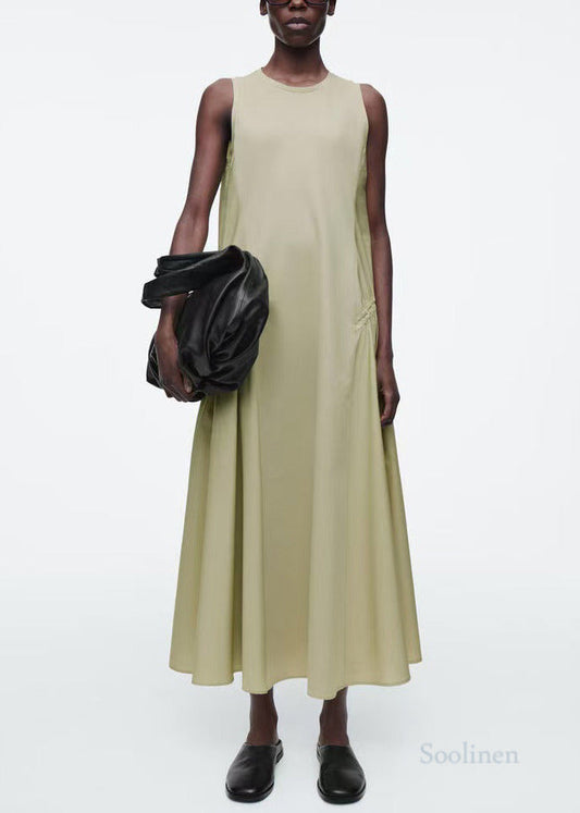 Light Green Wrinkled Drawstring Cotton Vacation Dresses Sleeveless