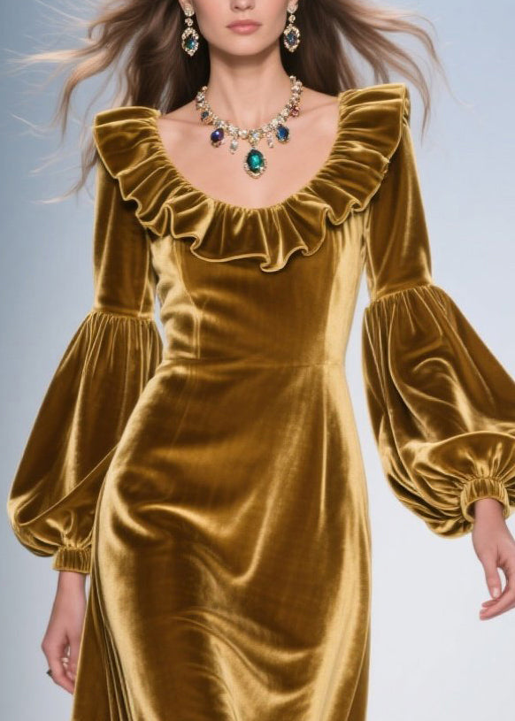 Golden Ruffles Silk Velvet Party Dresses Lantern Sleeve
