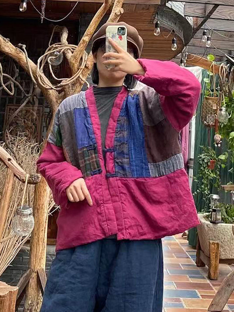 Spliced Button 100%linen Padded Coat