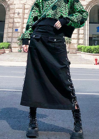 Italian Black Cotton Tunics Button Pockets Skirt
