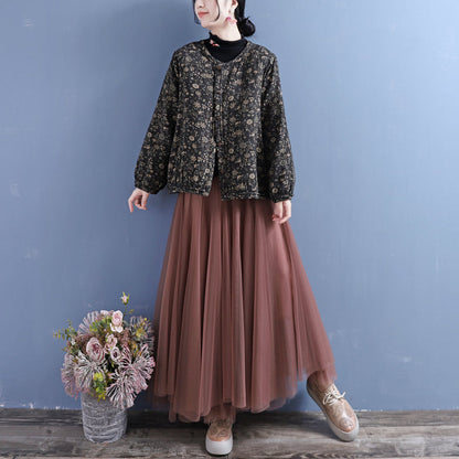 Cotton Linen Winter Retro Printed Coat