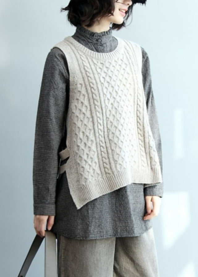 Beige O-neck Low High Design Warm Knit Vest Winter