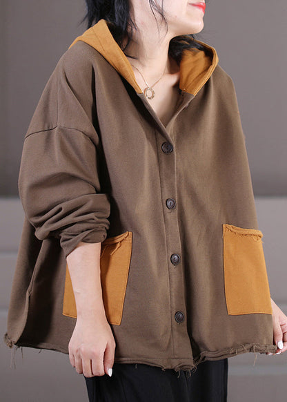 Retro Coffee Patchwork Cotton Hooded Coats Fall