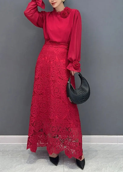 Fine Red Rose Lace Shirts and Maxi Skirts Two Pieces Set Fall