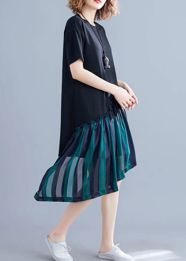 O Neck Patchwork Quilting Clothes Blue Striped Dresses Summer
