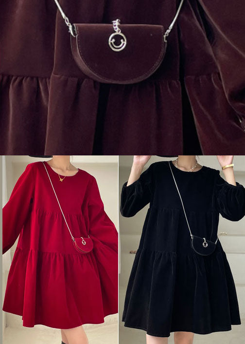 Red Patchwork Velour Mini Dress Puff Sleeve