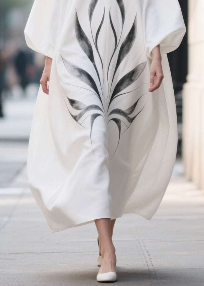 White Oversized Print Chiffon Dress Lantern Sleeve