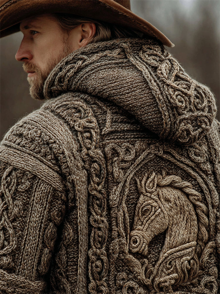Men's Vintage Horse Crochet Celtic Cozy Knit Hooded Sweater elevenforest