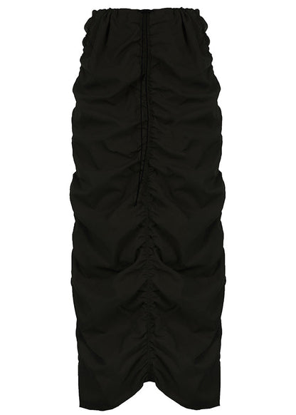 Black Wrinkled High Waist Patchwork Cotton Skirt Drawstring Fall