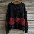Vintage Roses & Spider Web Glitter Embroidered Cozy Sweater artswardrobe