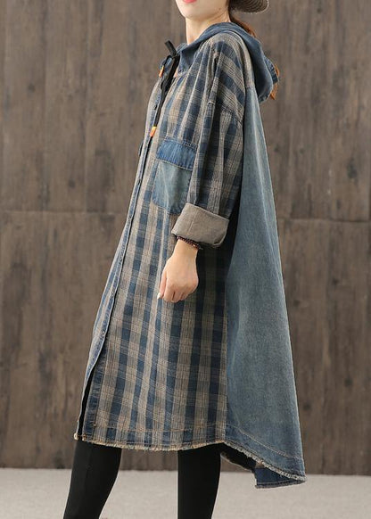Vivid Denim Blue Plaid Tunic Hooded Button Down Dress