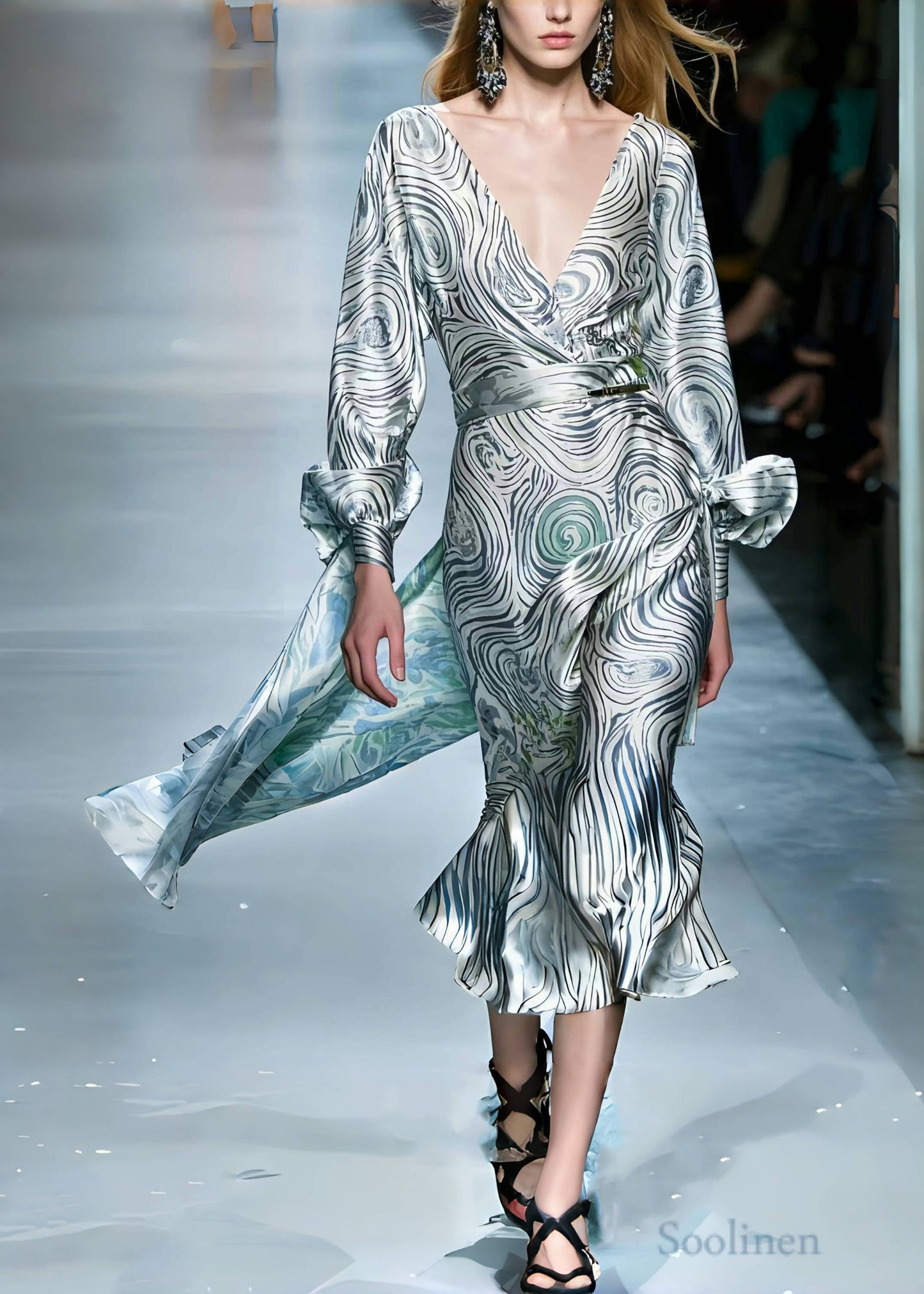 Grey Asymmetrical Striped Silk Robe Dresses Spring