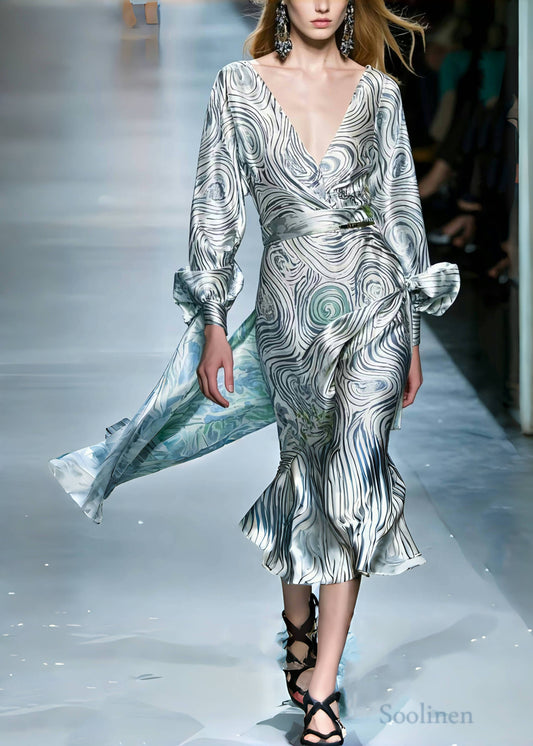 Grey Asymmetrical Striped Silk Robe Dresses Spring