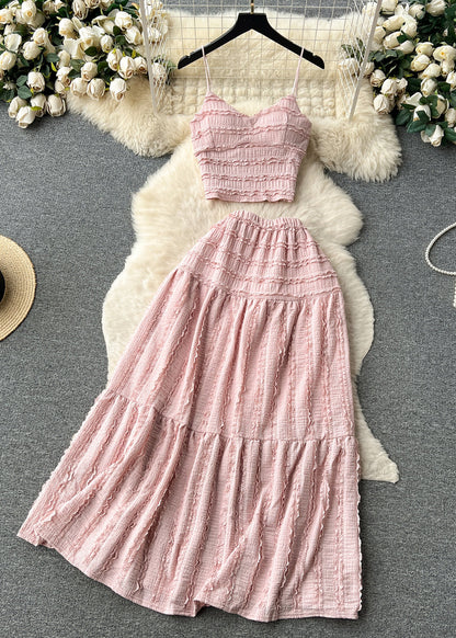 Pink Ruffled Tops and Skirts Cotton Two Pieces Set Sleeveless