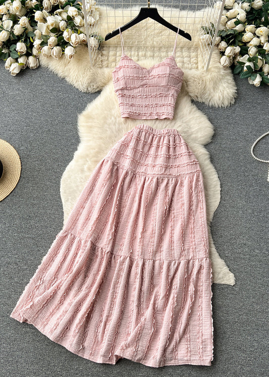 Pink Ruffled Tops and Skirts Cotton Two Pieces Set Sleeveless
