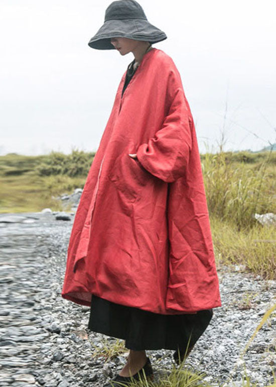 Diy Red V Neck Pockets Fine Cotton Filled Loose Winter Coat
