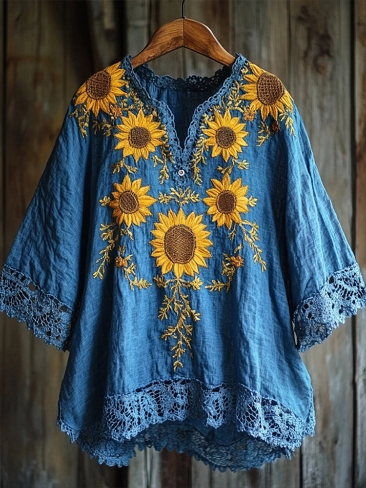 Sunflowers Embroidered Lace Patchwork Linen Blend Shirt elevenforest