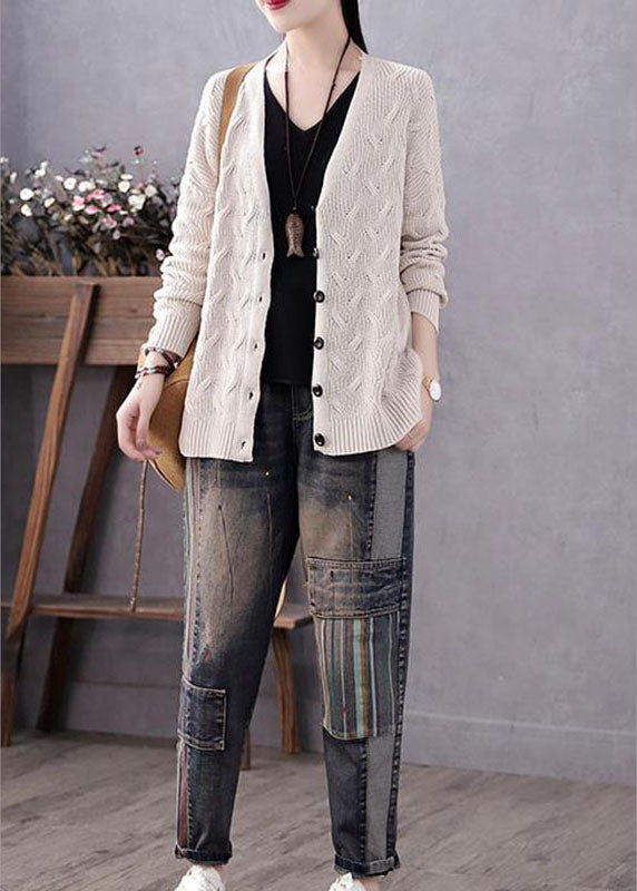 Art Blue V Neck Button Fall Knit Sweater Coat