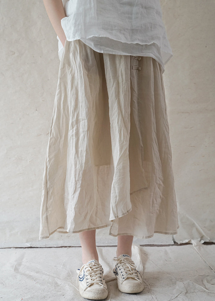 Beige Linen Skirts Elastic Waist Button Asymmetrical Design Spring