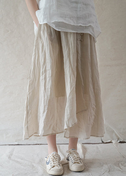 Beige Linen Skirts Elastic Waist Button Asymmetrical Design Spring
