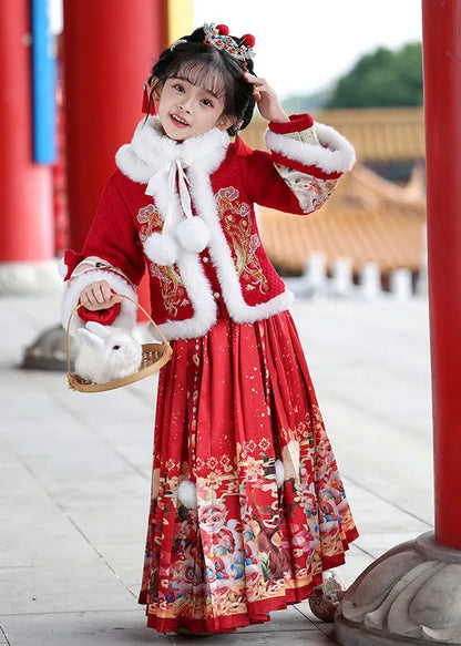 Unique Red Patchwork Button Kids Coats and Maxi Skirts Two Pieces Set Winter