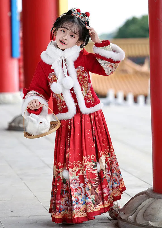 Unique Red Patchwork Button Kids Coats and Maxi Skirts Two Pieces Set Winter