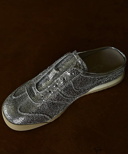 Splicing Wedge Silver Cowhide Leather Slide Sandals