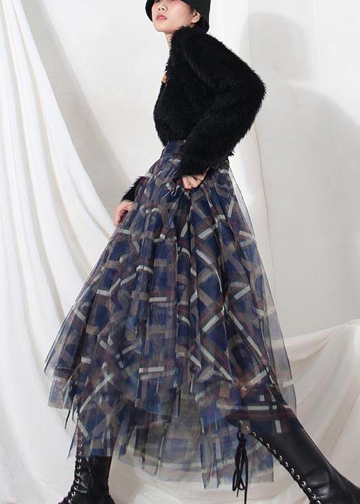 Blue Plaid Zippered a Line Skirt Summer
