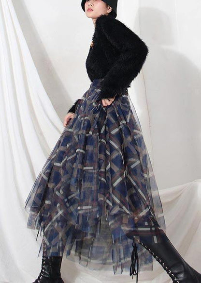 Blue Plaid Zippered a Line Skirt Summer
