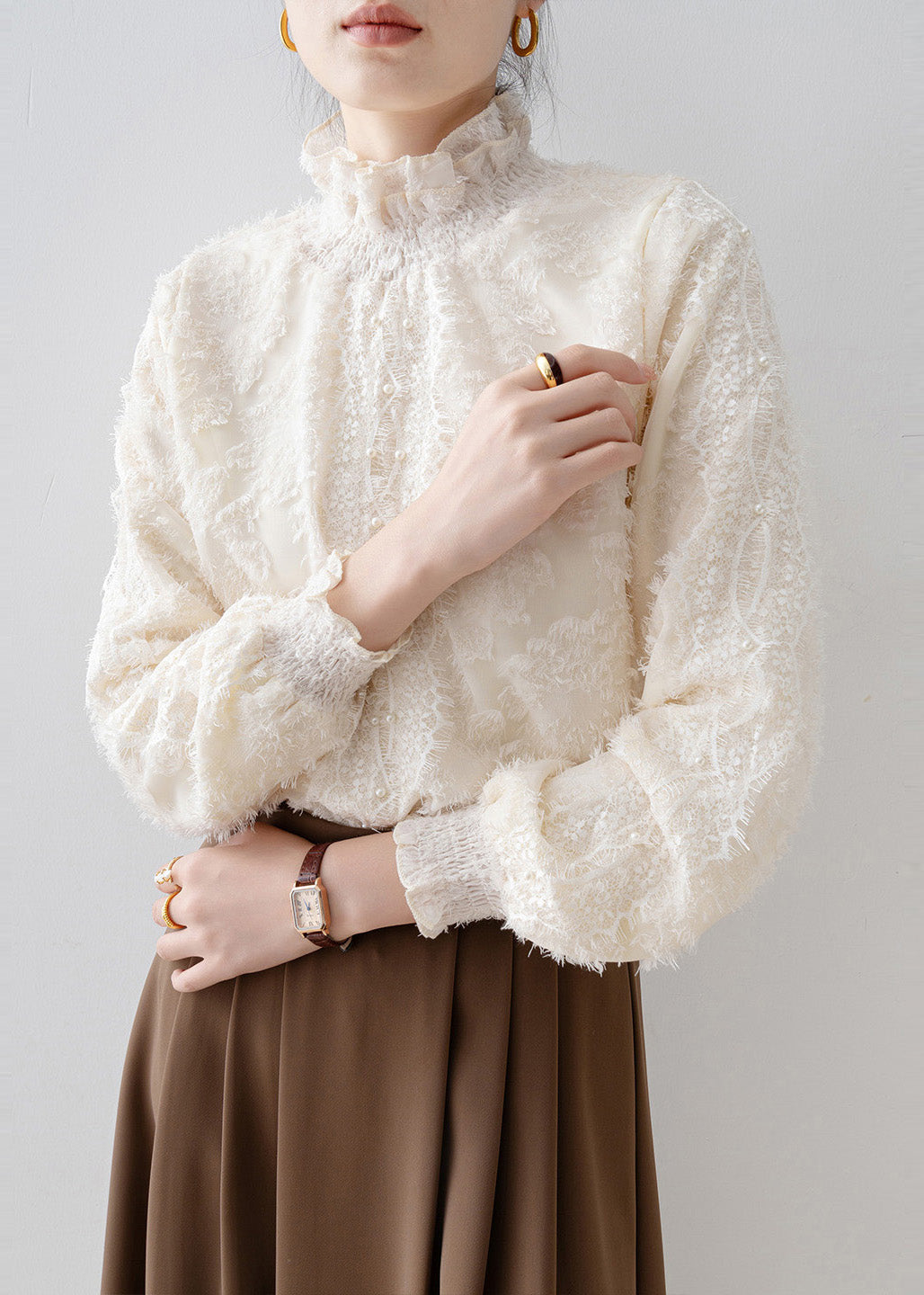 Beige Stand Collar Warm Fleece Blouse Tops Winter
