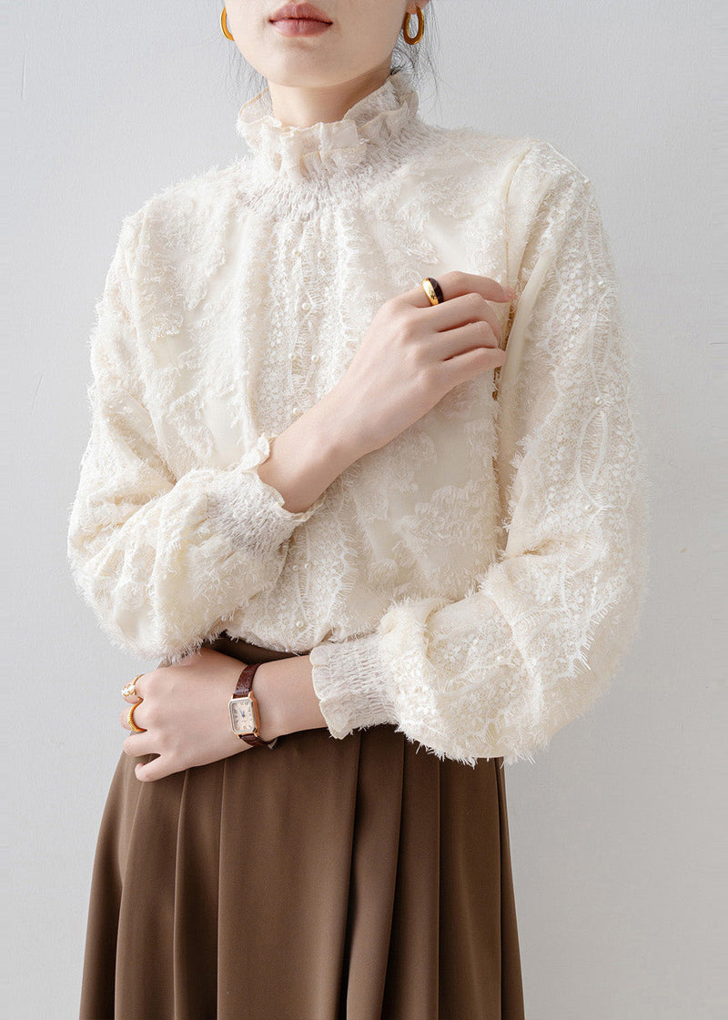 Beige Stand Collar Warm Fleece Blouse Tops Winter