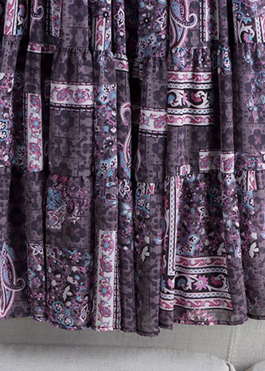Purple Print High Waist Draping a Line Skirts Spring