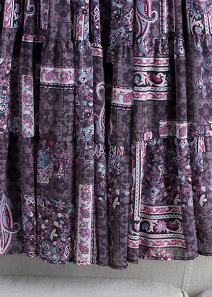 Purple Print High Waist Draping a Line Skirts Spring
