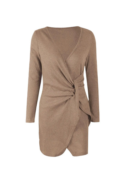 Color V Neck Wrap Sweater Dress