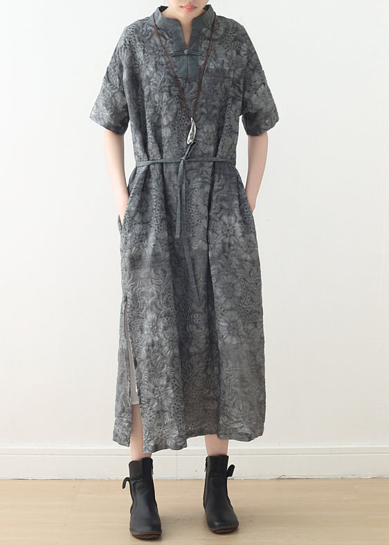 Art Dark Gray Linen Wardrobes 18th Century Neckline Tie Waist Traveling Summer Dress