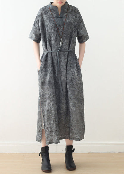 Art Dark Gray Linen Wardrobes 18th Century Neckline Tie Waist Traveling Summer Dress