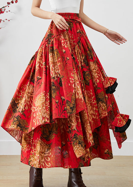 Loose Red Asymmetrical Print Cotton a Line Skirts Fall
