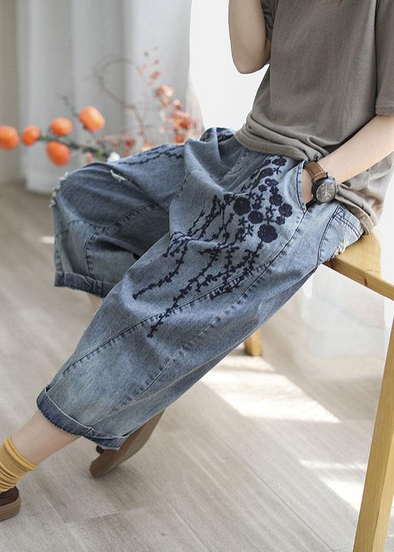 Blue Embroidered Summer Denim Pants
