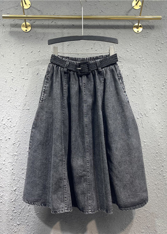 Black Gray Elastic Waist Pleated Pocket Denim Skirt Autumn