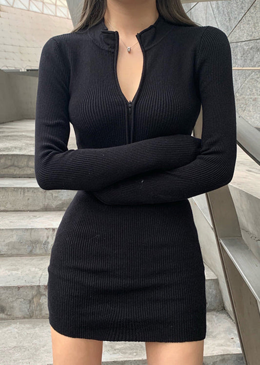 Slim Fit Black Zip Up Knit Mid Dress Spring