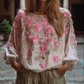 Ladies' Embroidered Flower Vintage Casual V-neck Long-sleeved Top elevenforest