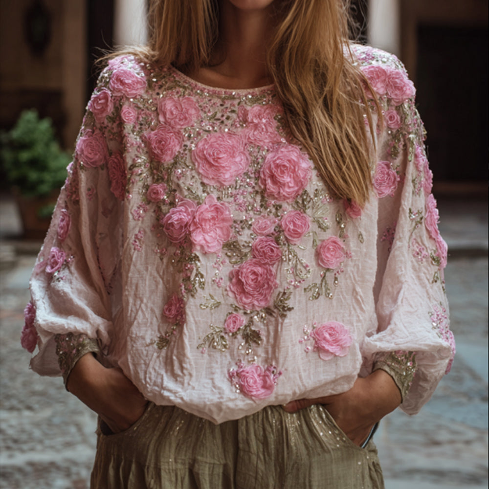 Ladies' Embroidered Flower Vintage Casual V-neck Long-sleeved Top elevenforest