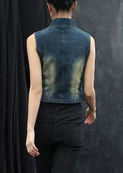Original Design Blue Stand Collar High Waist Denim Waistcoat Sleeveless
