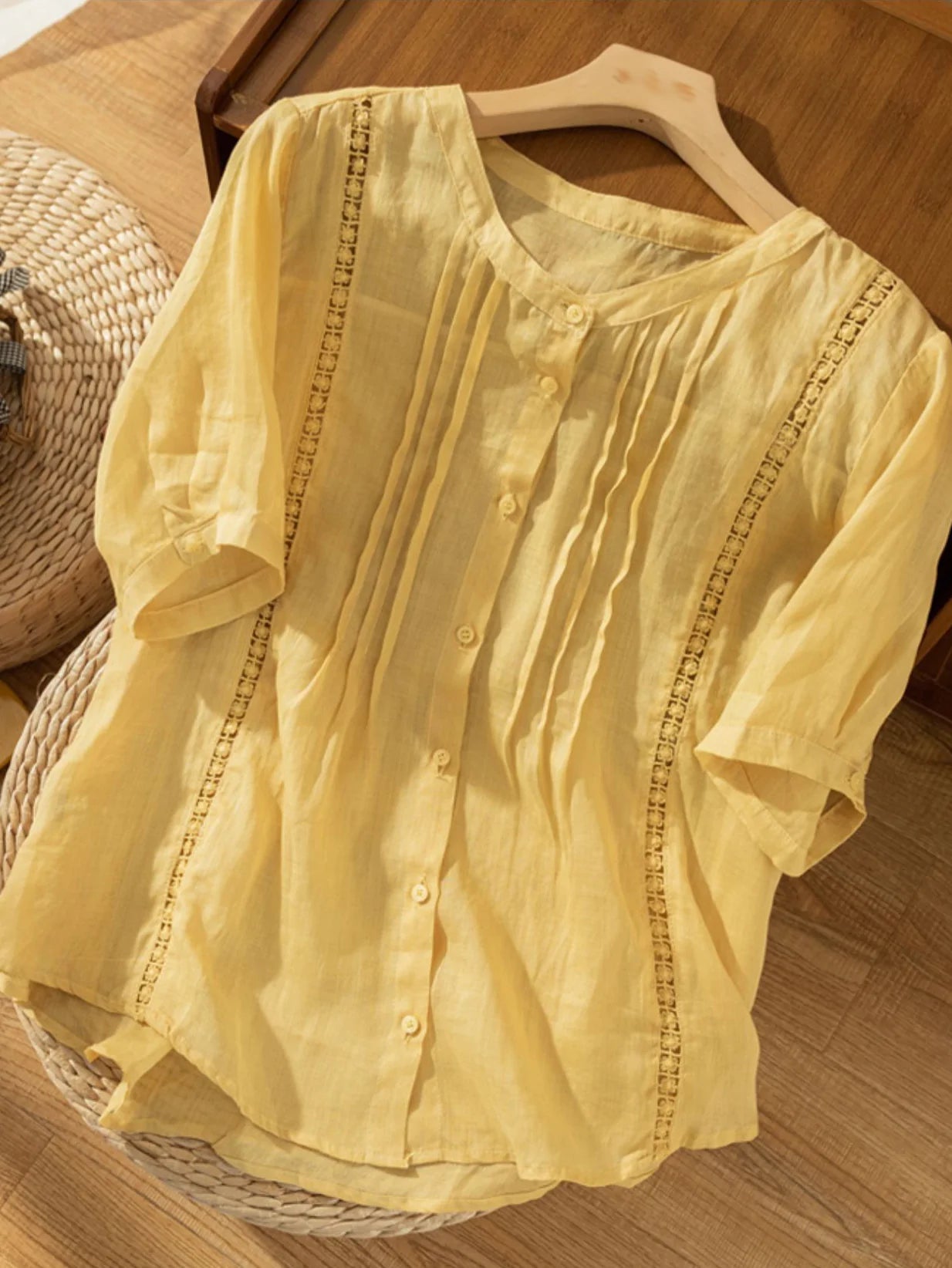 Pure Color Round Neck Short Sleeve Linen Top