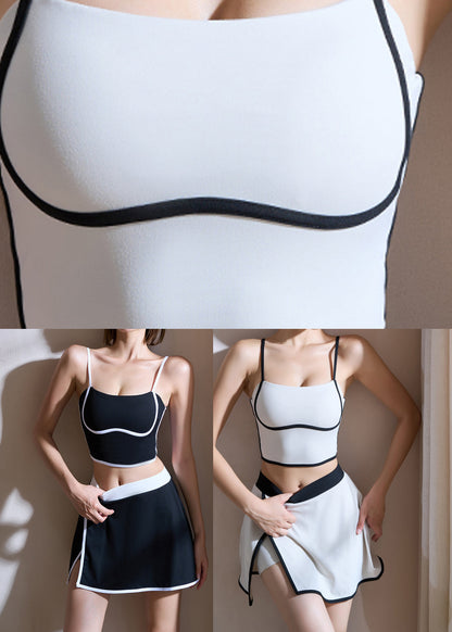 Black Patchwork High Waist Sports Bra and Skirts Set Suit